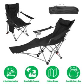 Reclining Camping Chair with Footrest 4-Position Adjustable Outdoor Folding Chair Heavy Duty Portable Camping Lounge Chair with Headrest Cup Hold (Color: Black)