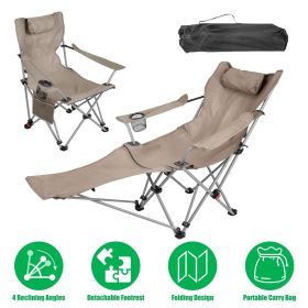 Reclining Camping Chair with Footrest 4-Position Adjustable Outdoor Folding Chair Heavy Duty Portable Camping Lounge Chair with Headrest Cup Hold (Color: Khaki)